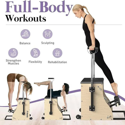 Pilates Reformer Machine, Wood Pilates Machine Bed Yoga Exercise Strength Training Equipment with Pilates Chair and Pilates Barrel for Home Workout