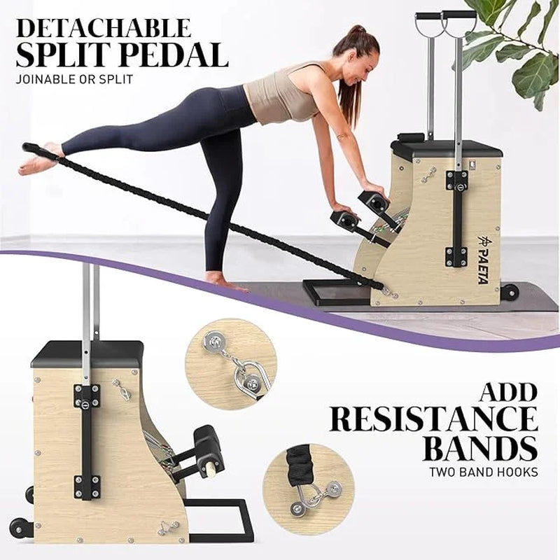 Pilates Reformer Machine, Wood Pilates Machine Bed Yoga Exercise Strength Training Equipment with Pilates Chair and Pilates Barrel for Home Workout